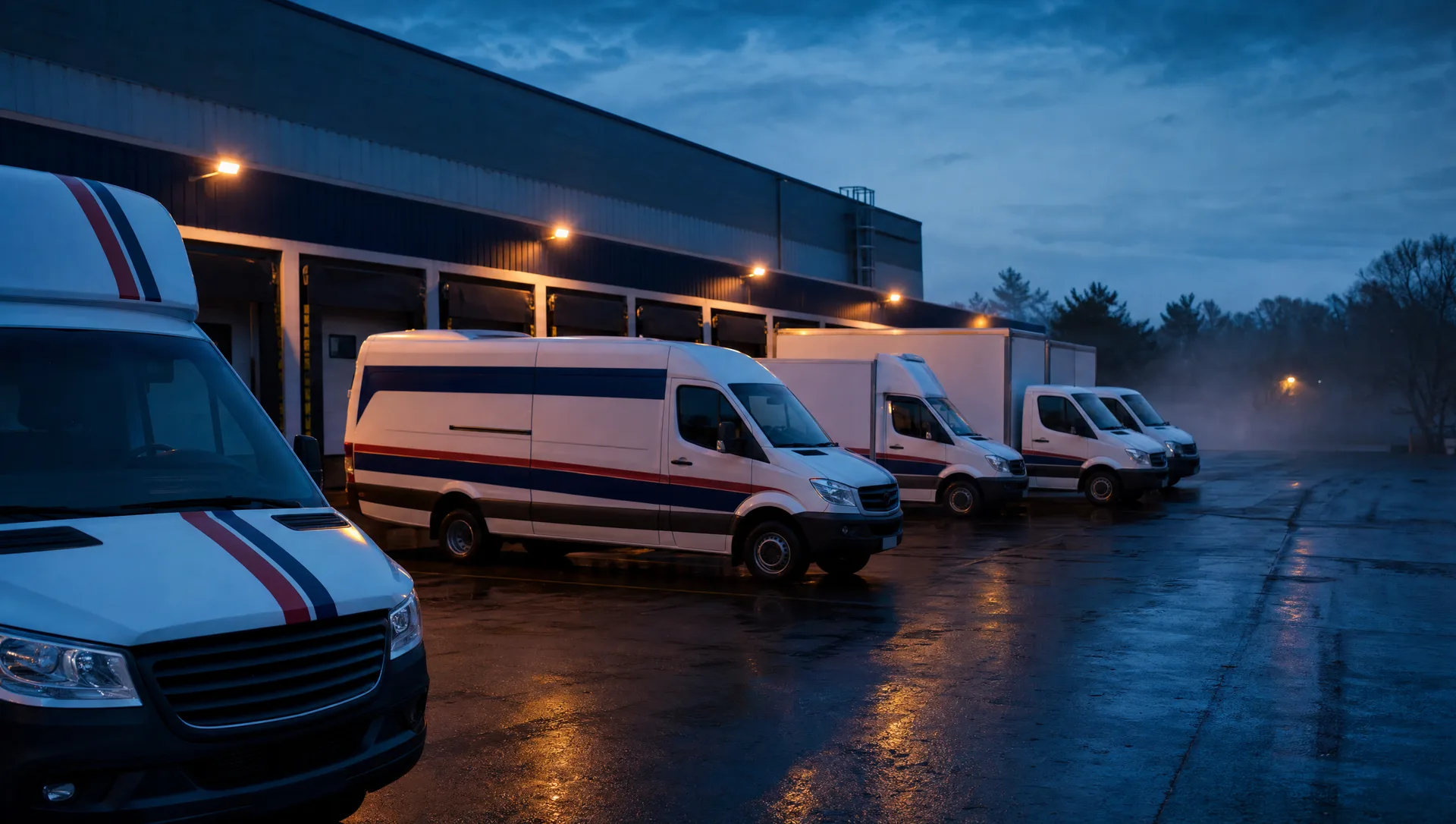 Bremon Transportation fleet at the depot at dawn